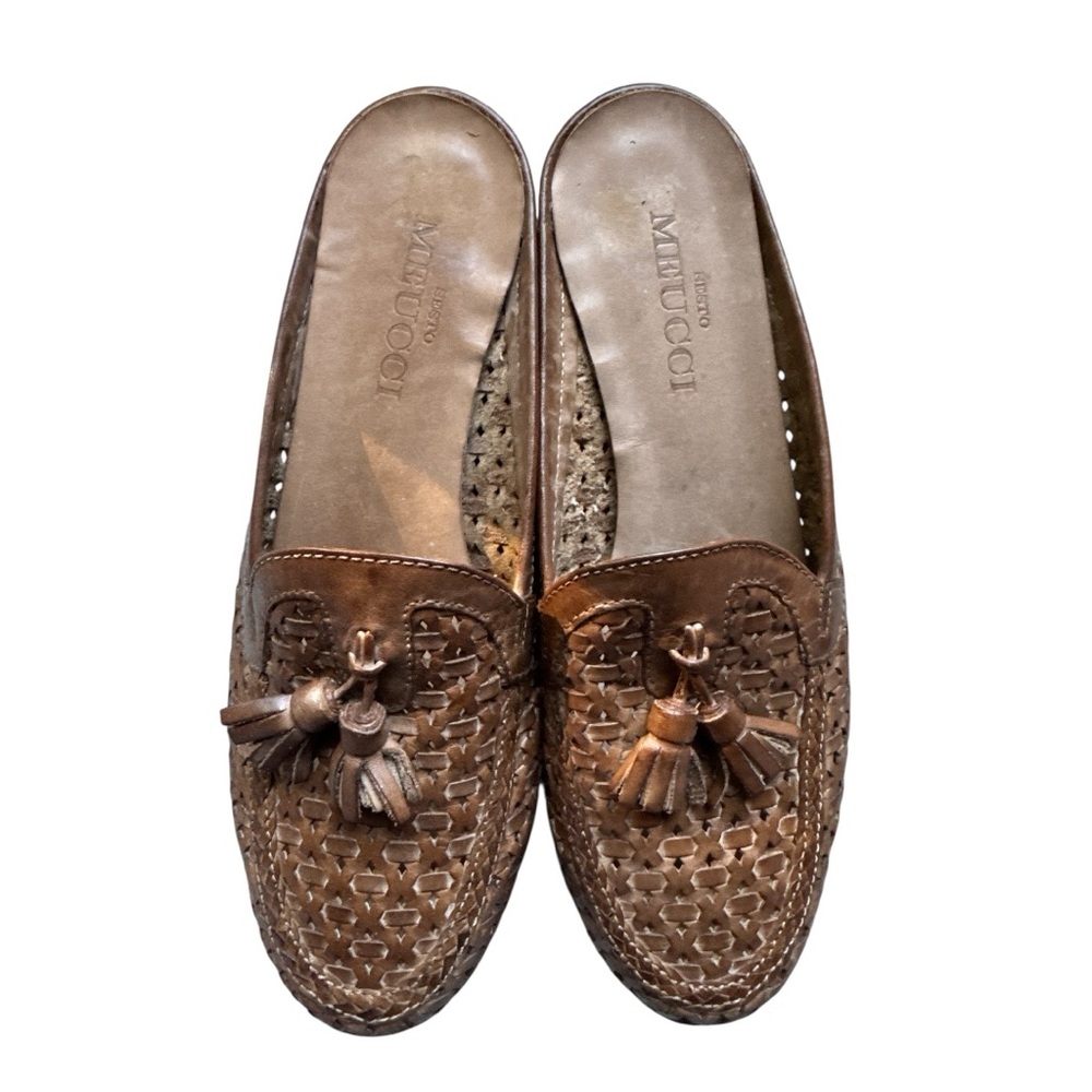 Sesto Meucci Brown Woven Leather Slides Mules , Size 6.5